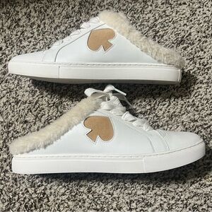 (EUC) Kate Spade Fez Mule Winter Lace-Up White and Tan Fur-Lined Sneakers Sz 10